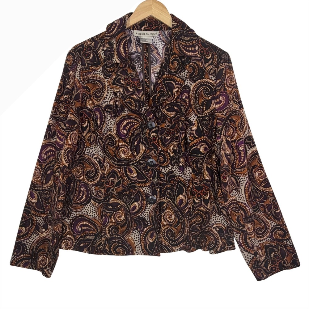 Requirements Womens Large Brown Paisley‎ Button Front Jacket Stretch Career Boho